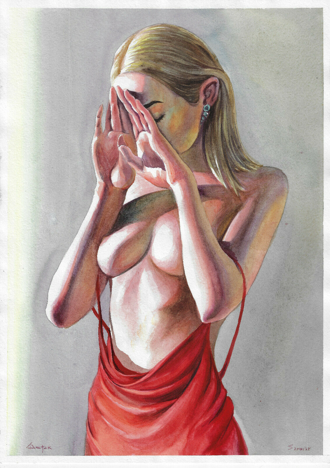 original painting A3 236-X art Realism watercolor woman naked Signed 2020