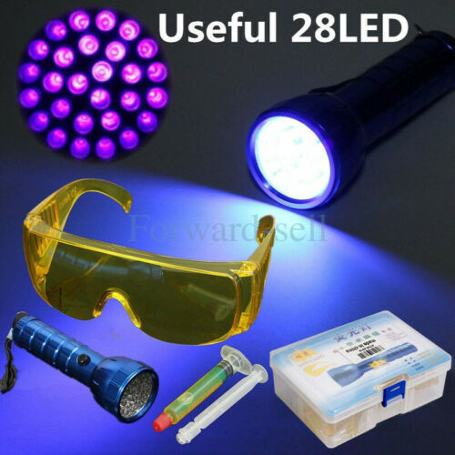 UV Fluid Gases Leak Detector Kit For Car A/C System Dye&Glasses&28 Led Light US-image
