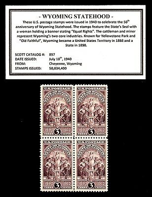 1940 - WYOMING STATEHOOD -  Block of Four Vintage U.S. Postage Stamps