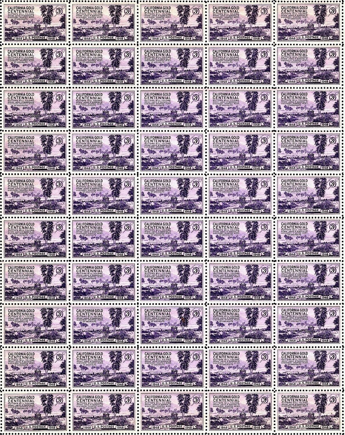1948 - CALIFORNIA GOLD - Vintage Mint Sheet of 50 U.S. Postage Stamps