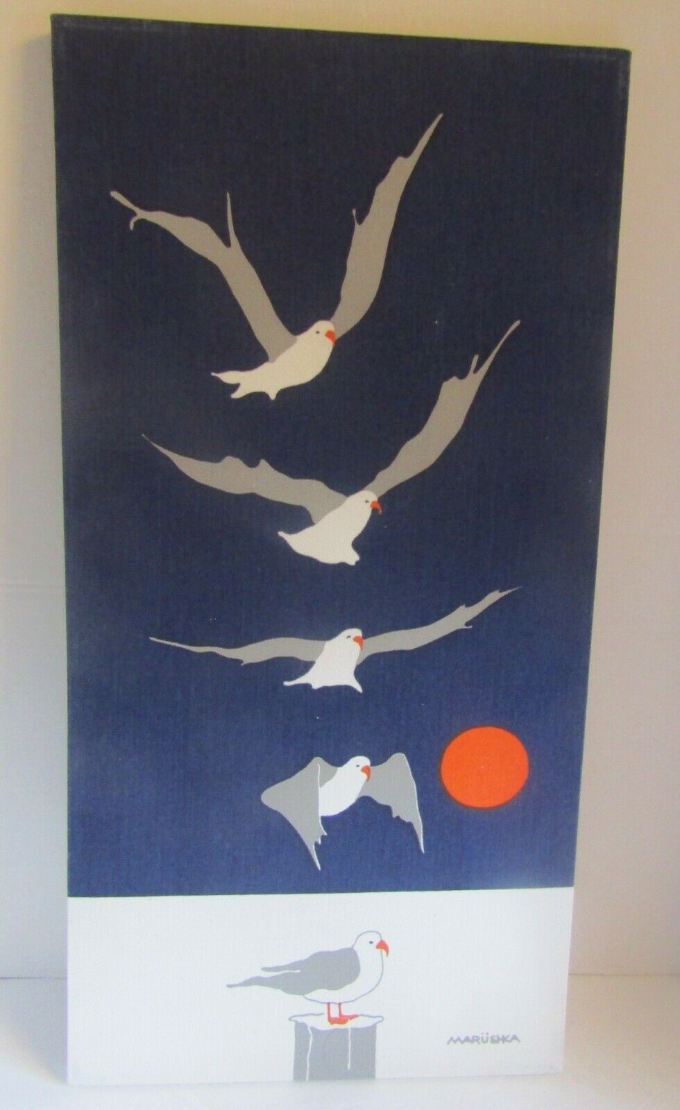Vintage MARUSHKA 70s On Frame SEAGULLS Linen Screen Print Marüshka 12x24