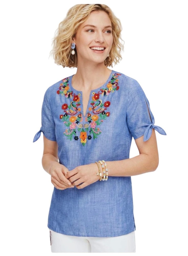 Talbots Sz S Boho Floral Embroidered Blue Chambray Linen Blouse Shirt Top