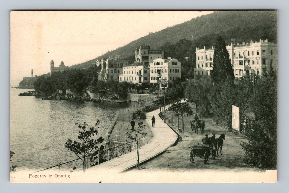 Croatia- Opatije Kvarner Gulf Greetings Coastal Promanade Vintage c1906 Postcard