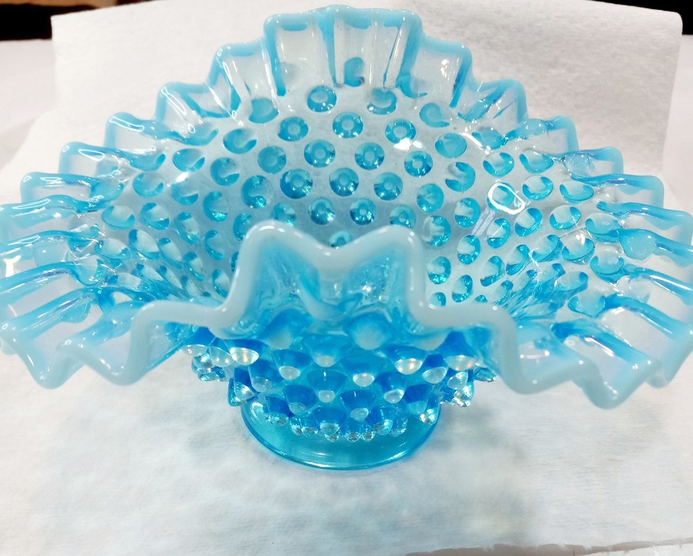 Fenton Blue Opalescent Hobnail Ruffled Bowl Vintage Art Glass 7