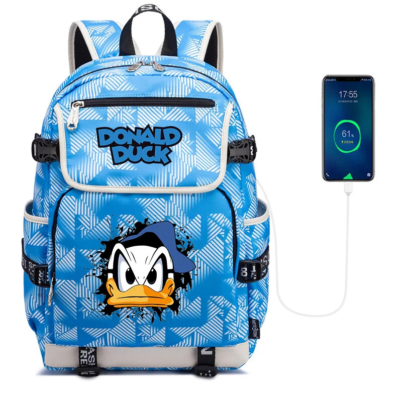Disney Donald Duck Themed USB Charging Laptop Backpack for School and Travel