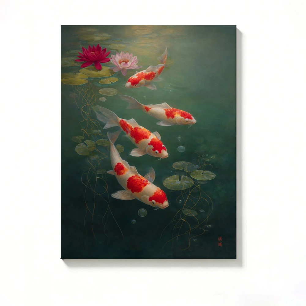 Koi Fish and Lotus Canvas Painting 2D Flat Frameless Wall Art Home Office Decor