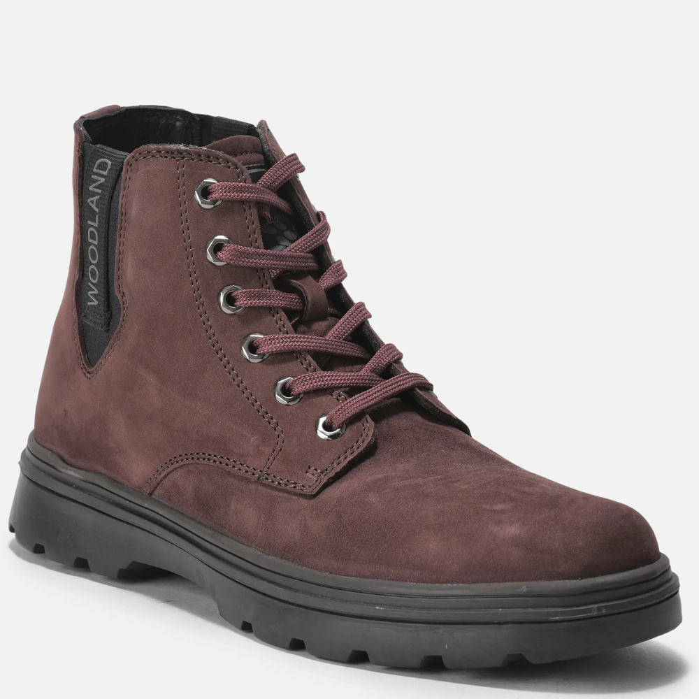 Woodland Men Burgundy Nubuck Boots with Diesel Milled Finish and Leather Insole