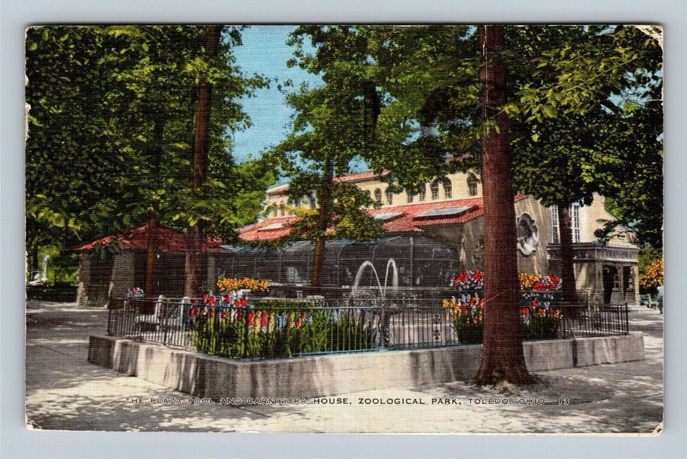 Plaza Fountain & Carnivora House Zoological Park Toledo Ohio Vintage Postcard