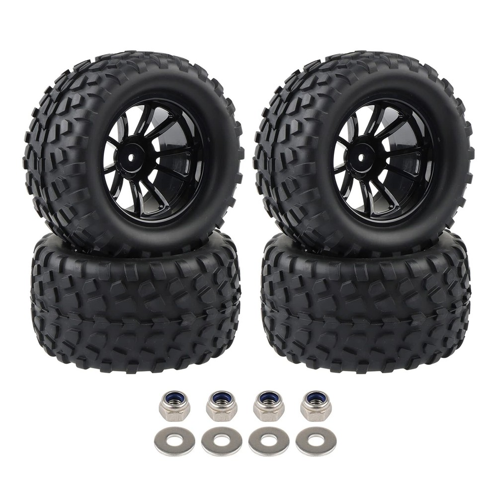4X RC 1/10 Scale Monster Truck Tires Gravel Tread w/ 5 Spokes Wheel Rim Black...