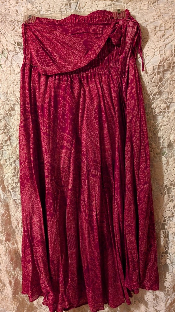 Boho Harem Maxi Skirt  Asymmetrical Hem Smocked Waist Red Sz S