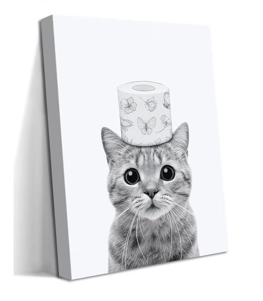 Cat Wall Decor, Bathroom Wall canvas Art, Black and White 12x16in