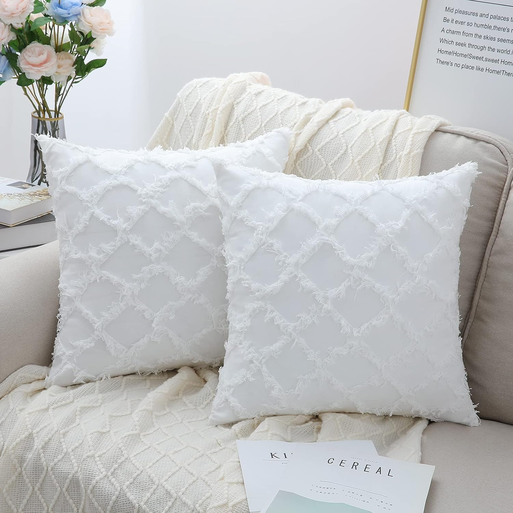 off White Boho Pillow Covers 16X16 Inch Set of 2, Cotton Decorative Throw Pillow