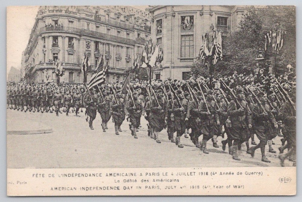 1918 Paris American Independence Day WWI Military Parade Postcard