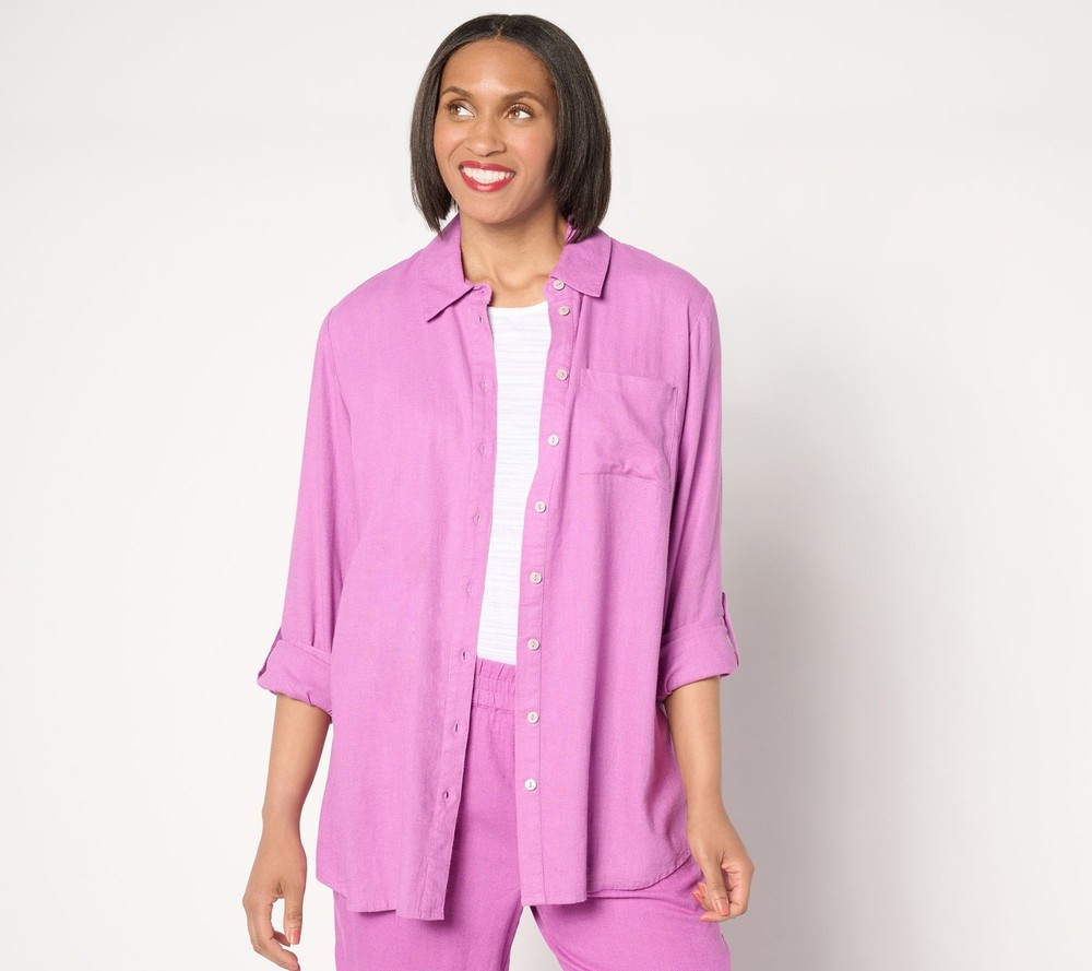 Denim & Co. Women's Top Plus Sz 1X Naturals Linen Blend Regular Purple A643833