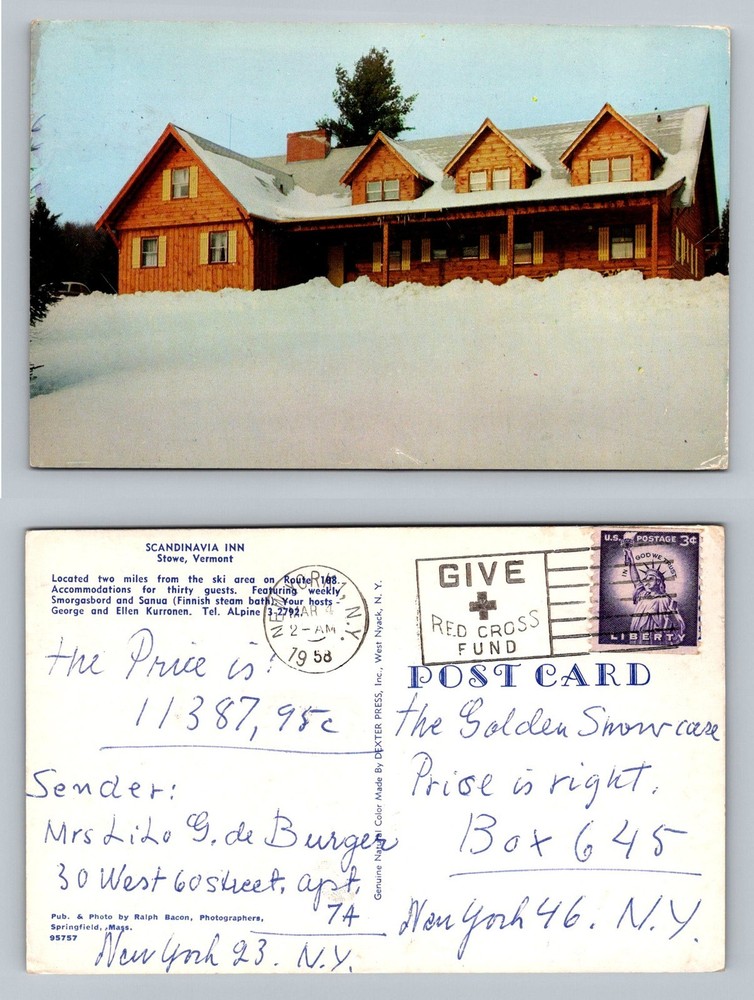 Stowe, VT-Vermont, Scandinavia Inn Winter Lodge Scene c1958 Vintage Postcard