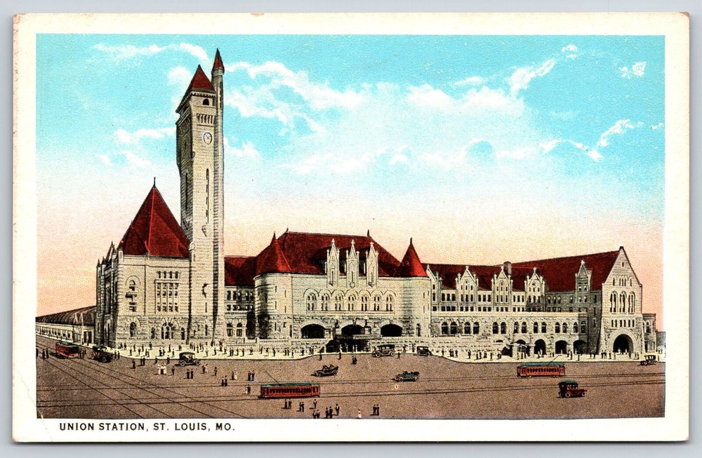 VINTAGE OLD ANTIQUE POSTCARD UNION TRAIN STATION TOWER CARS ST. LOUIS MISSOURI