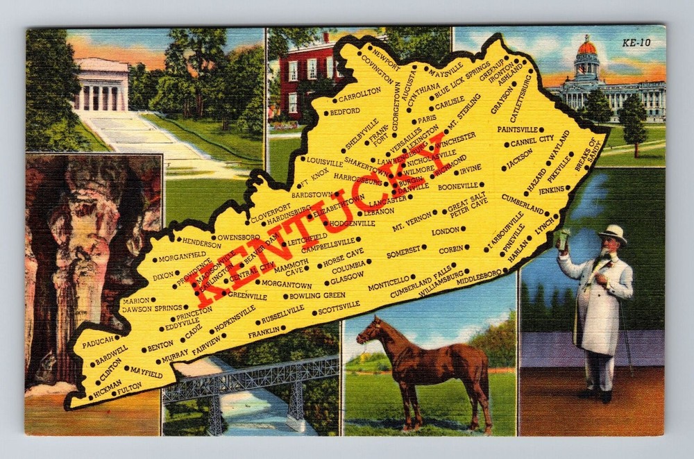 KY-Kentucky, State Map, Historic Towns/ Sites, Vintage Postcard