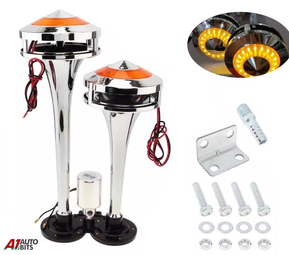 12V 24V Twin Air Horn Chrome Plated With Led Trumpet Truck Lorry Bus Boat Train