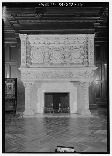 16. Interior, view of northeast twin fireplace and mantel in the great hall -