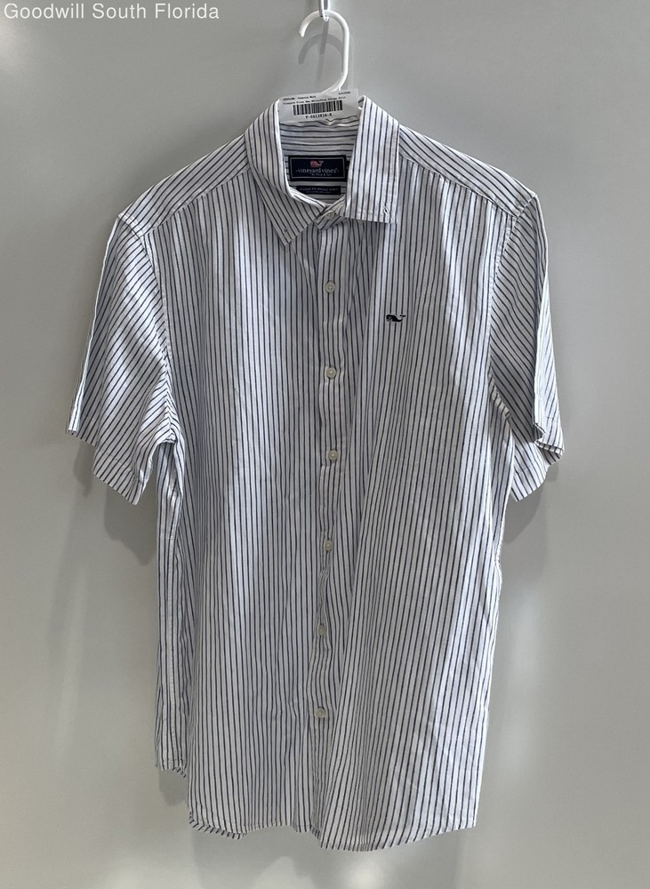 Vineyard Vines Mens Whale White Blue Striped Classic Fit Button-Up Shirt Size L