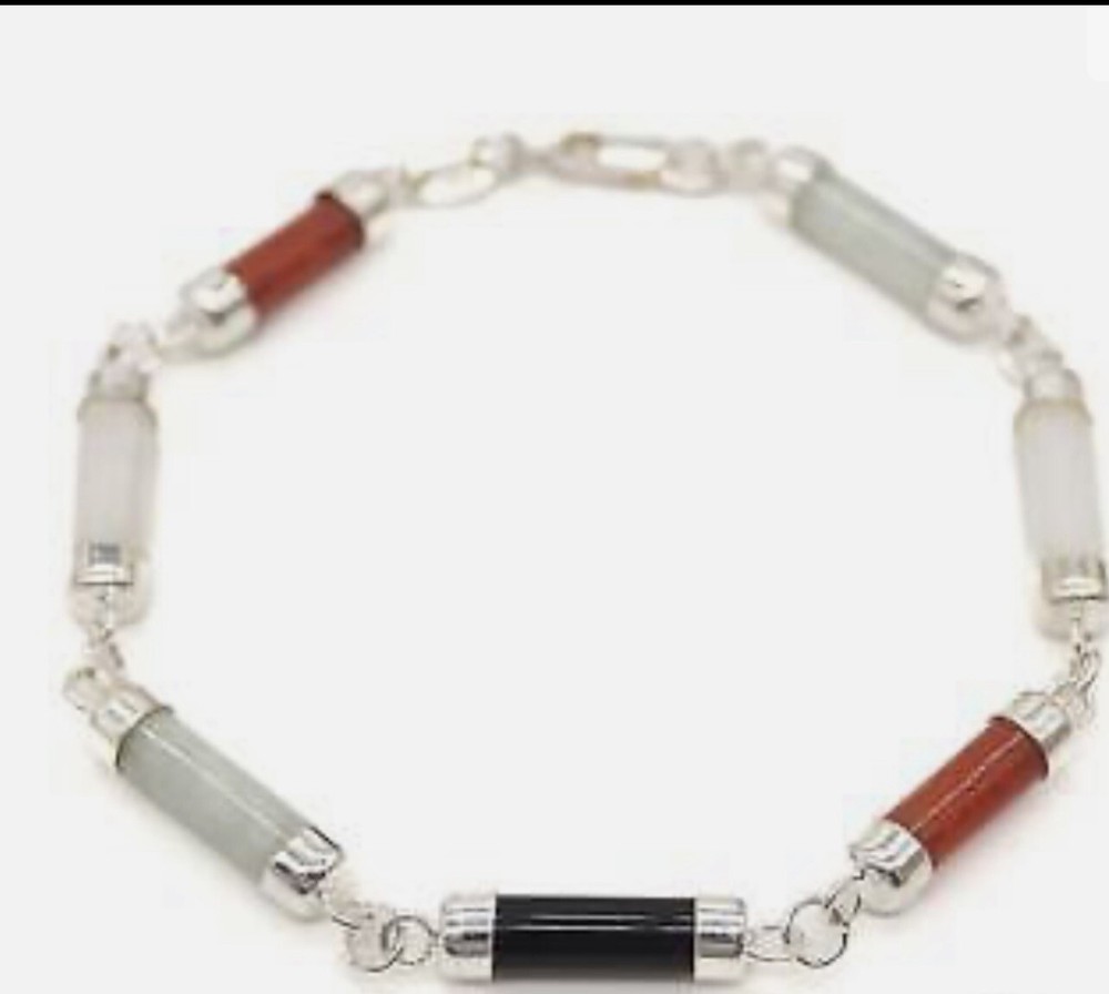 Vintage Sterling Silver Bracelet with Jade Coral and Black Onyx Pre-Owned
