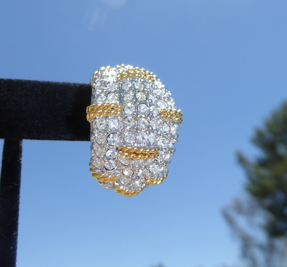 Beautifil Swarovski Signed Gold Tone Clear Rhinestone Half Dome Earrings Large