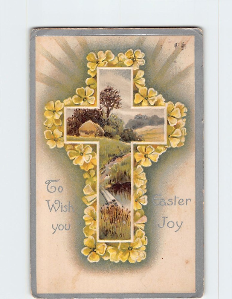 Postcard Embossed Vintage Easter Postcard with Cross and Landscape Scene