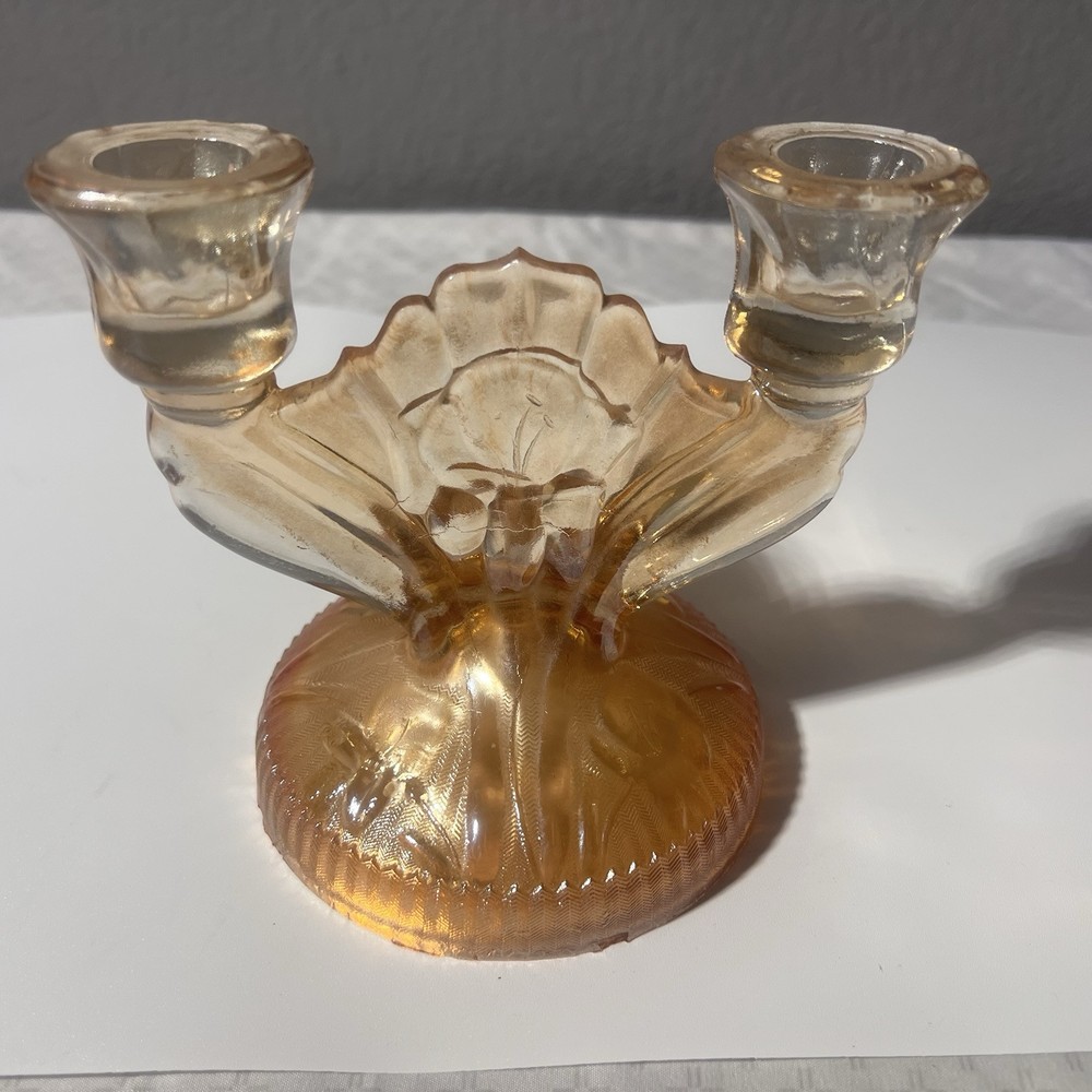Jeanette Iris & Herringbone Marigold Carnival Glass 2-arm Candle Holder