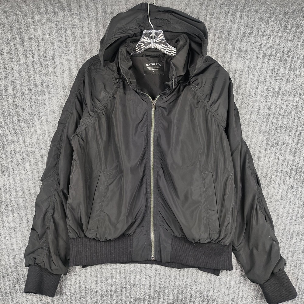 Athleta Jacket Womens Medium Black Hooded Bomber Windbreaker Zip Pockets Ruched