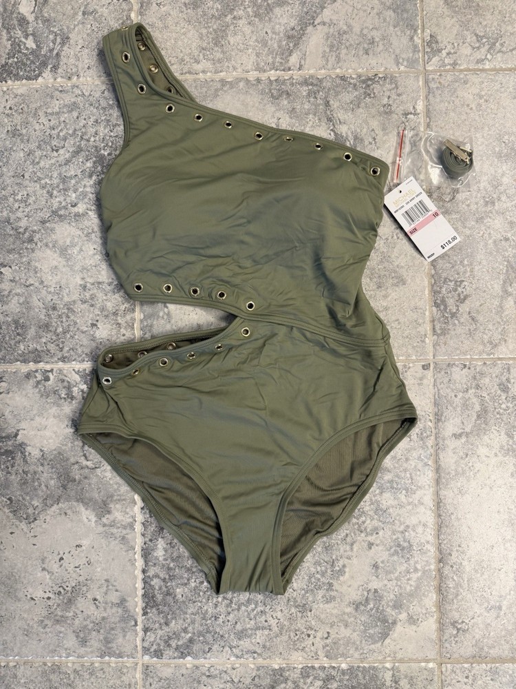 NWT Michael Kors Women's 10 One Shoulder Army Green Studded Swimsuit One Piece
