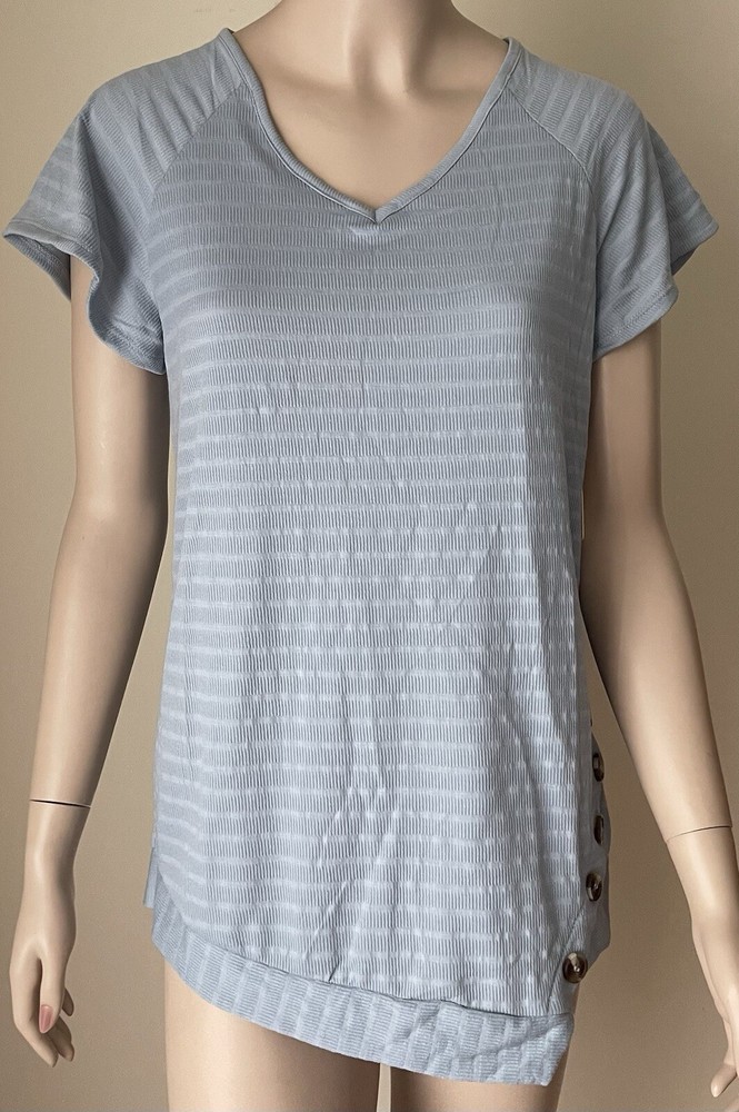NWT NEW YORK LAUNDRY Size Button Detail Tunic Top Blue Short Sleeve Asymmetrical
