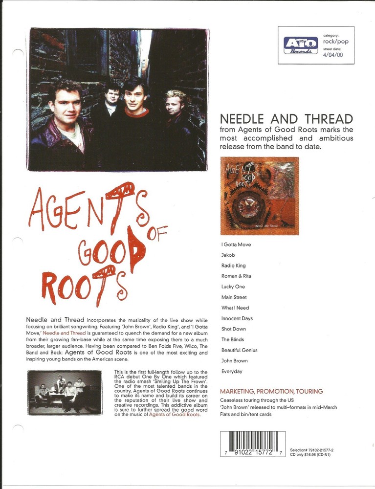 AGENTS OF GOOD ROOTS Rare 2000 PROMO TRADE AD Poster for Needle  MINT 8.5x11