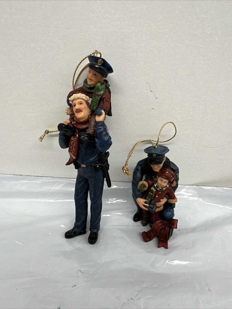 Hero’s 2002 Policeman With Little Boy Christmas Ornaments Lot Of 2