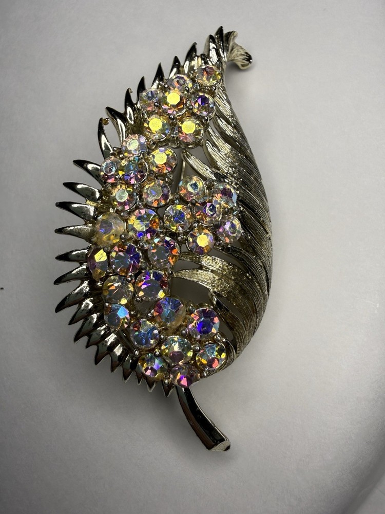 Coro Aurora Borealis Vintage Leaf Brooch Gold Tone  Signed