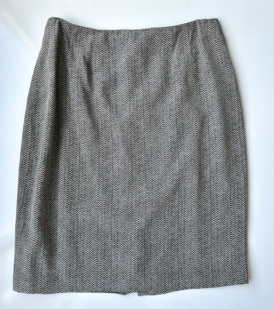 Vintage Linda Allard Ellen Tracy Black Gray White 100% Silk Pencil Skirt Size 12