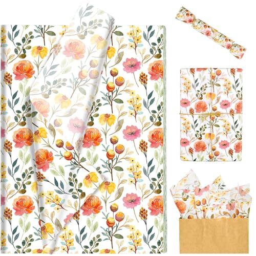 100 Sheets 20 * 14 Inches Floral Tissue Paper for Gift Wrapping Watercolor Fl...