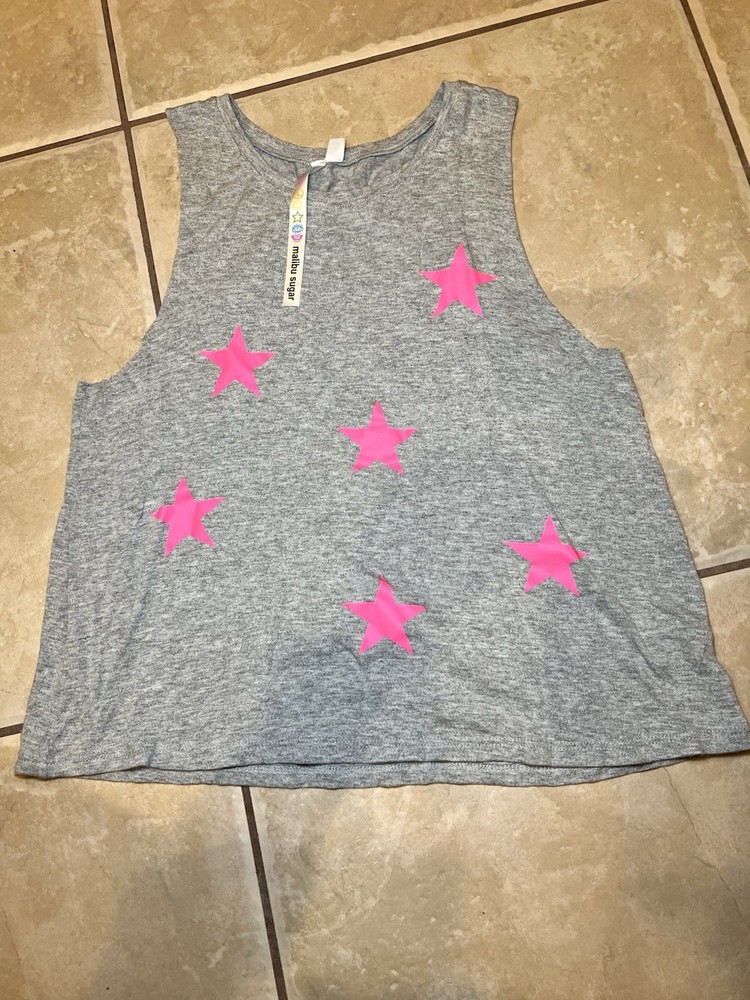 Malibu Sugar Girls stars glow pink grey tank casual sleeveless top Size XL 14