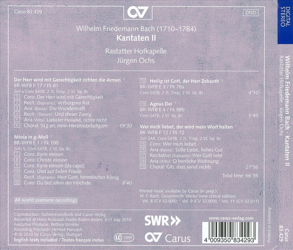 Rastatter Hofkapelle/Jürgen Ochs Wilhelm Friedmann Bach: Cantatas, Vol. 2 New Cd