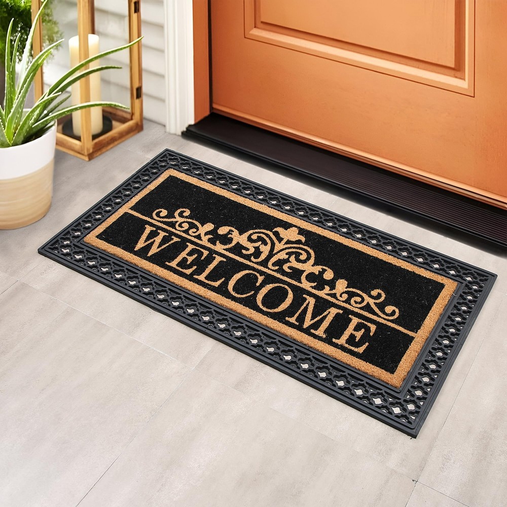 Durable Coir Rubber Non-Slip Doormat in Natural Black 22x47 Inches
