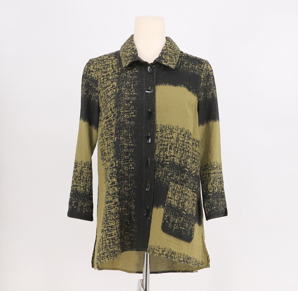 ALI MILES Button Front Tunic Top Olive Green & Black Size S