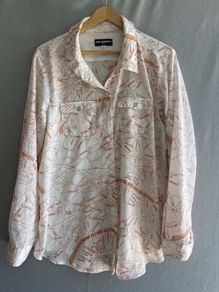 Karl Lagerfeld Paris Button Down Blouse Size XL Sheer Street Map Avant Garde