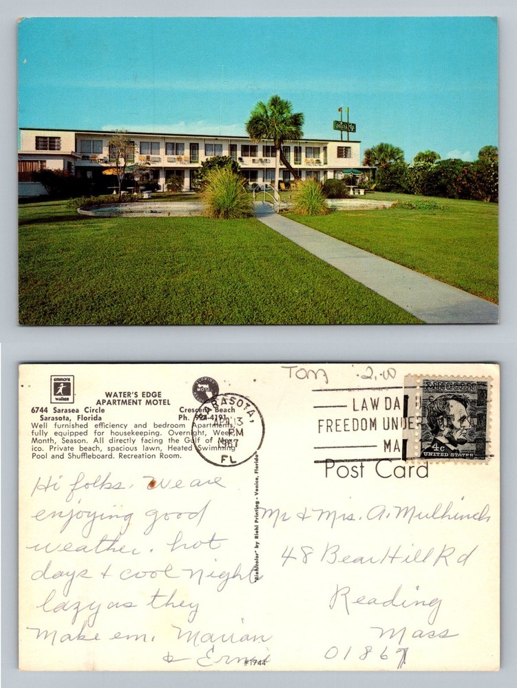 Sarasota, Florida, Water’s Edge Motel Crescent Beach Card c1964 Vintage Postcard