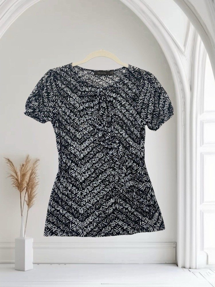 The Limited Black Geo Print Sheer Ruffle Top Women’s Size XS Mesh Nylon Y2K