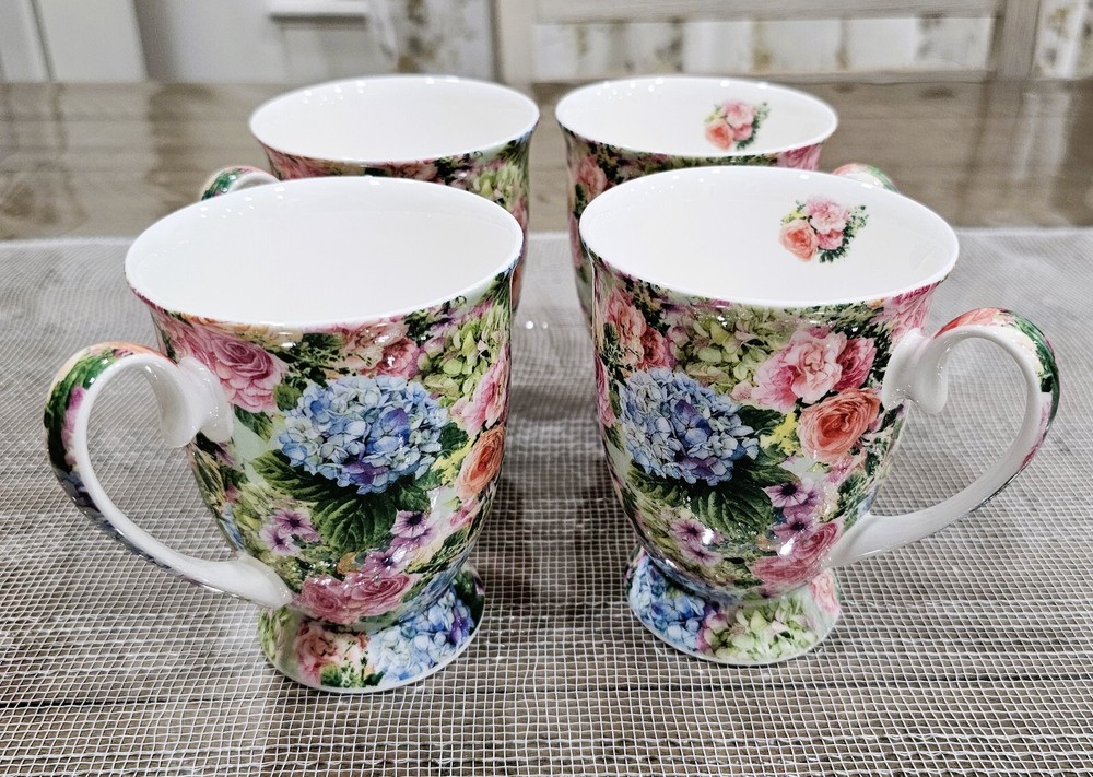 Gracie Bone China Set of 4 Footed Mugs Coffee Tea Multicolor Floral 9 oz each