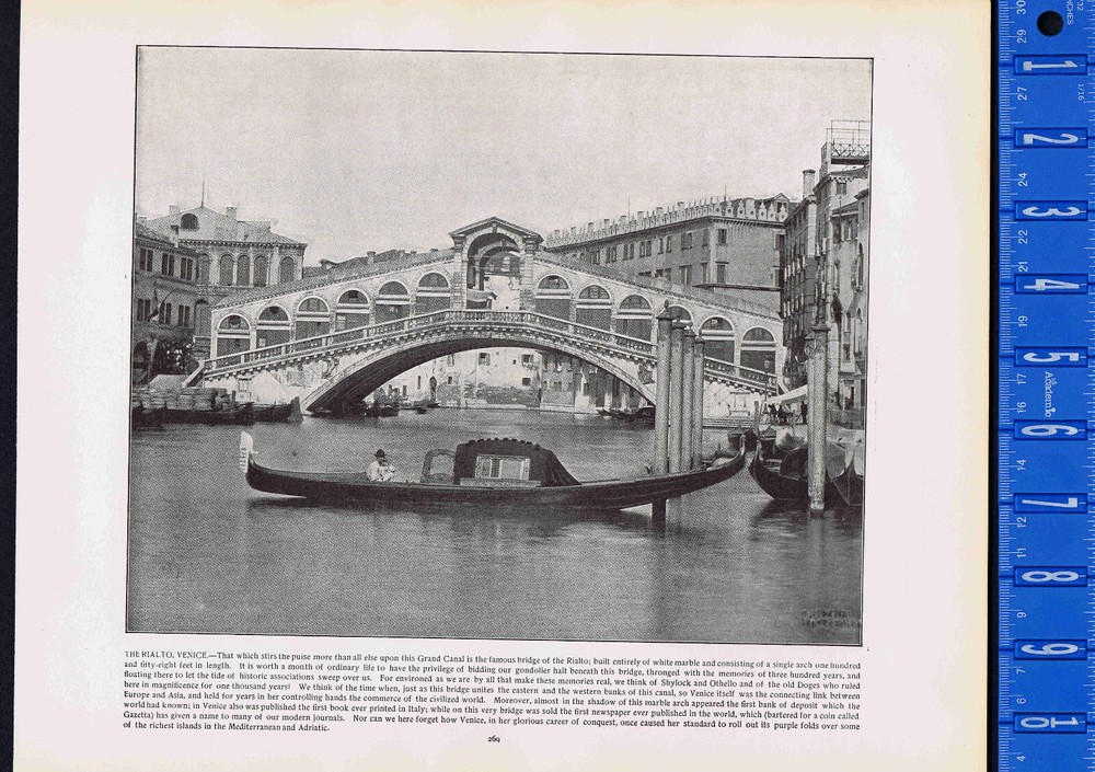 The Rialto Bridge, Grand Canal, Venice, ITALY -1892 Antique Print