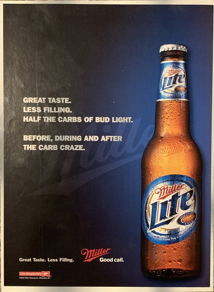 2004 Miller Lite Beer PRINT AD Before During After Carb Craze VTG 2000s Good Cal