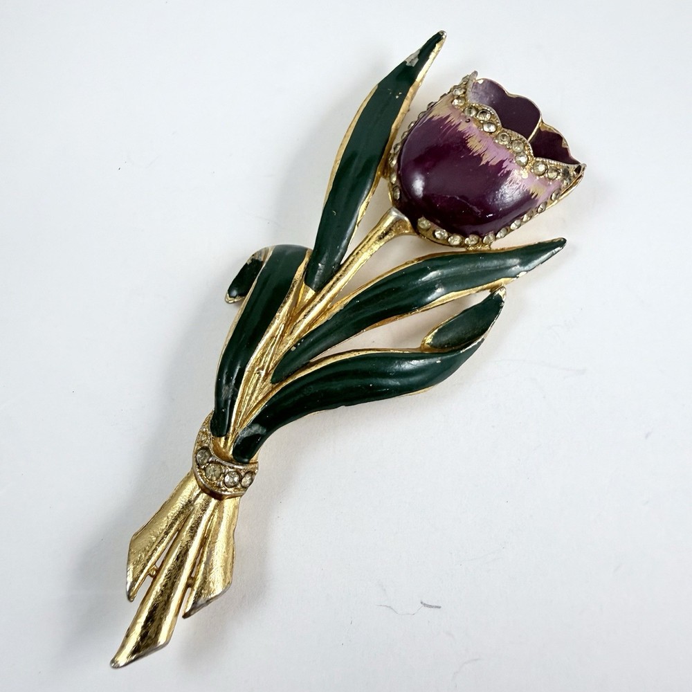 Vintage Enameled Pot Metal Rhinestone Flower Brooch BROKEN TREMBLER AS IS