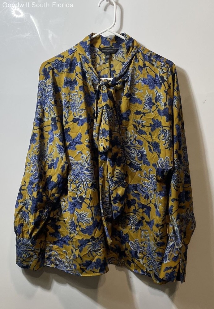 Banana Republic Womens Mustard Blue Floral Print Long Sleeve Blouse Top Size XL