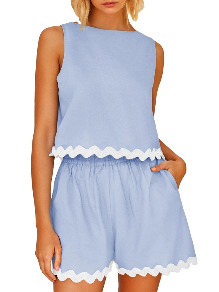 Women's 2 Piece Outfits Lace Trim Crew Neck Tank Crop Top and Shorts Sets NEW