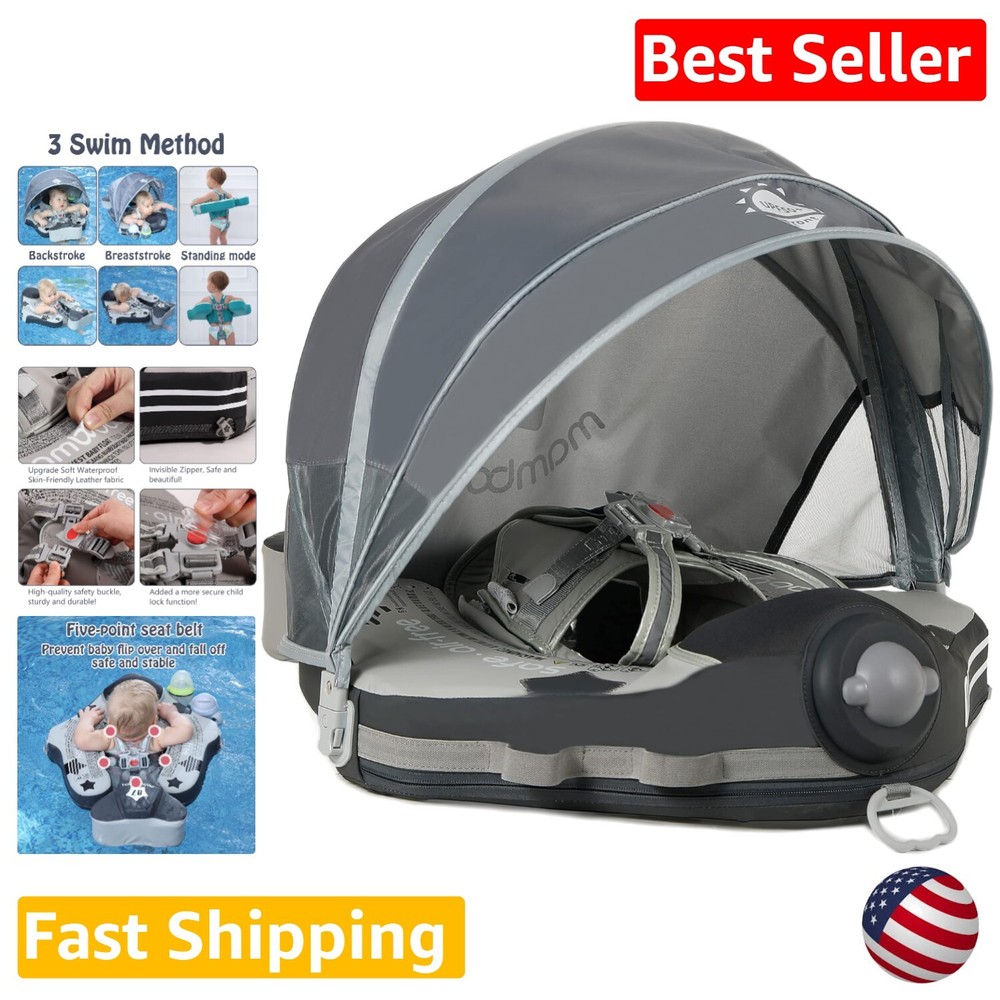 Gray Baby Float with Sun Canopy – 360° Full Protection – Upgraded Design
